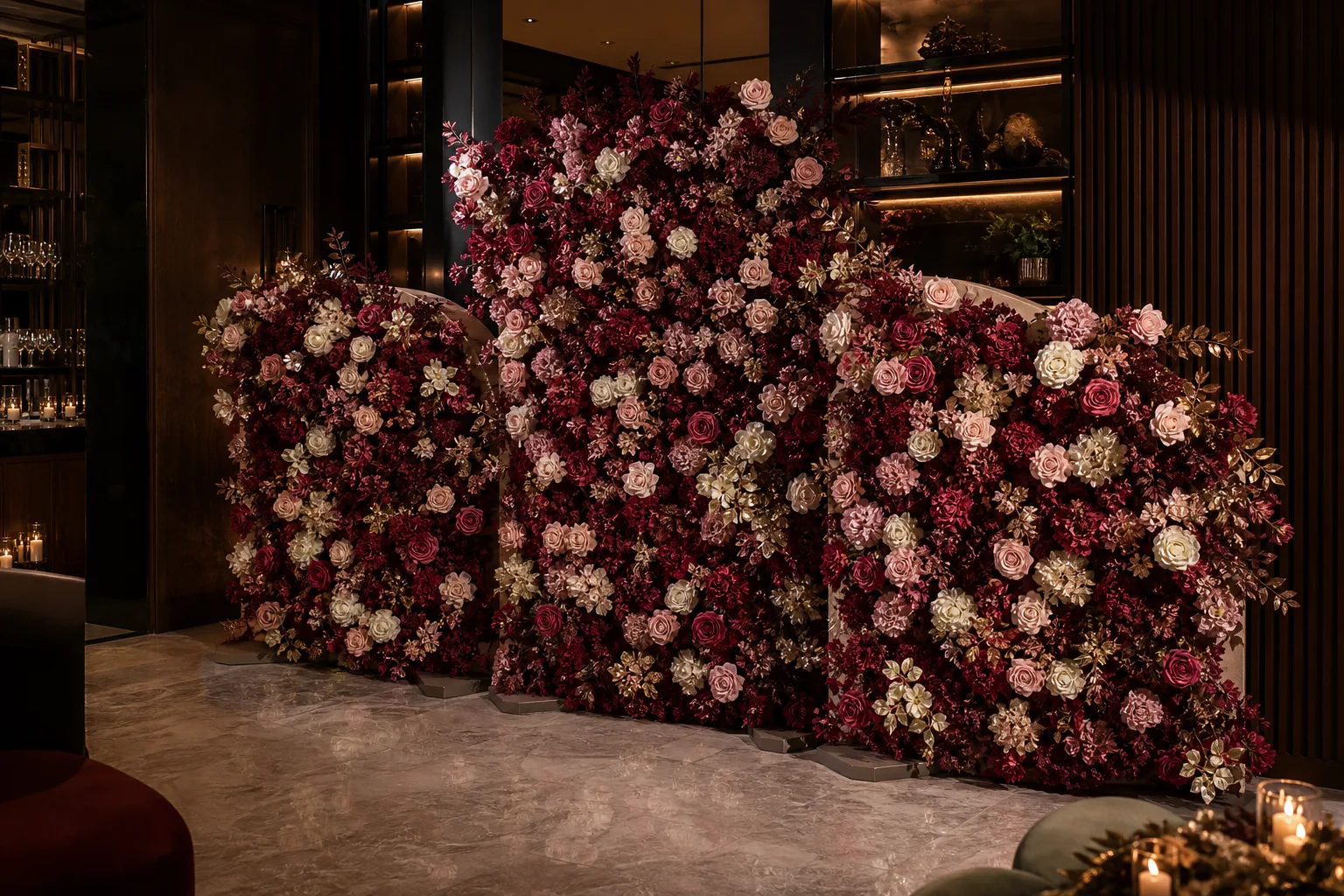 Burgundy wave artificial flower wall system