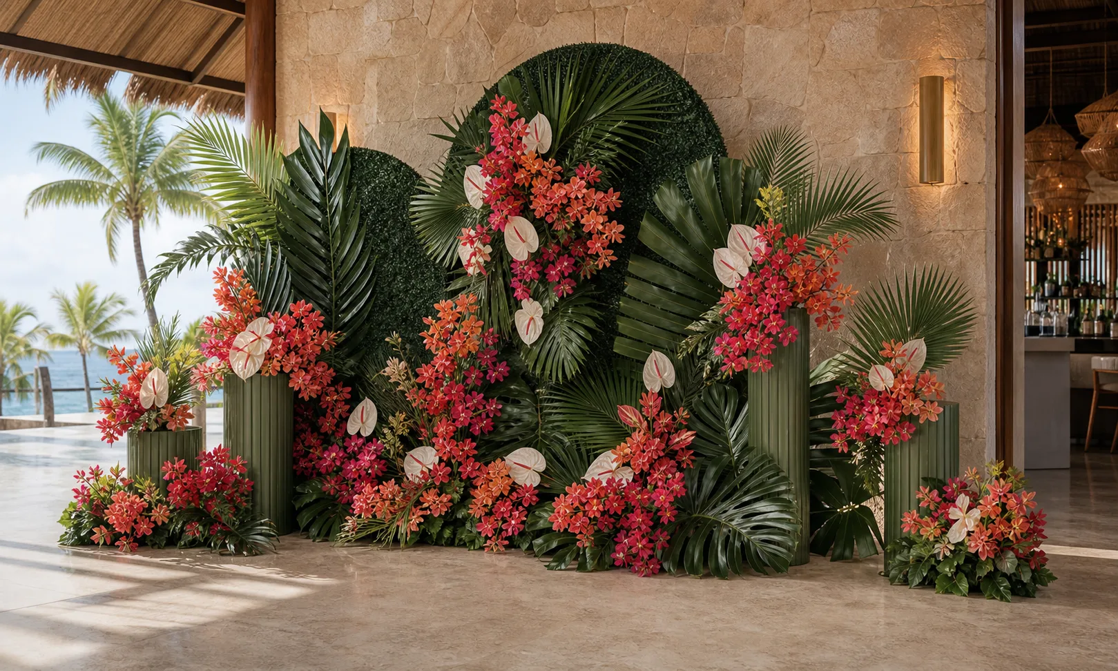 Tropical coral emerald artificial greenery color story